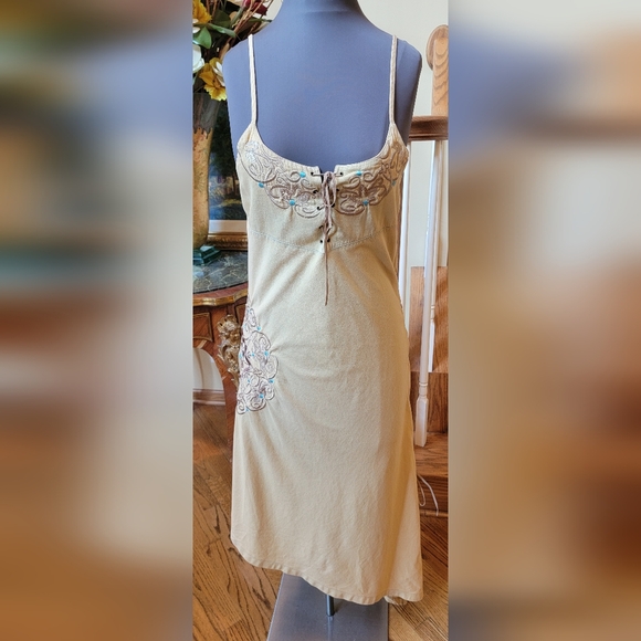 $172 NWT BRAZIL ROXX SUNDRESS TAN WITH TURQUOISE EMBROIDERY SPAGHETTI STRAPS M - Picture 10 of 10